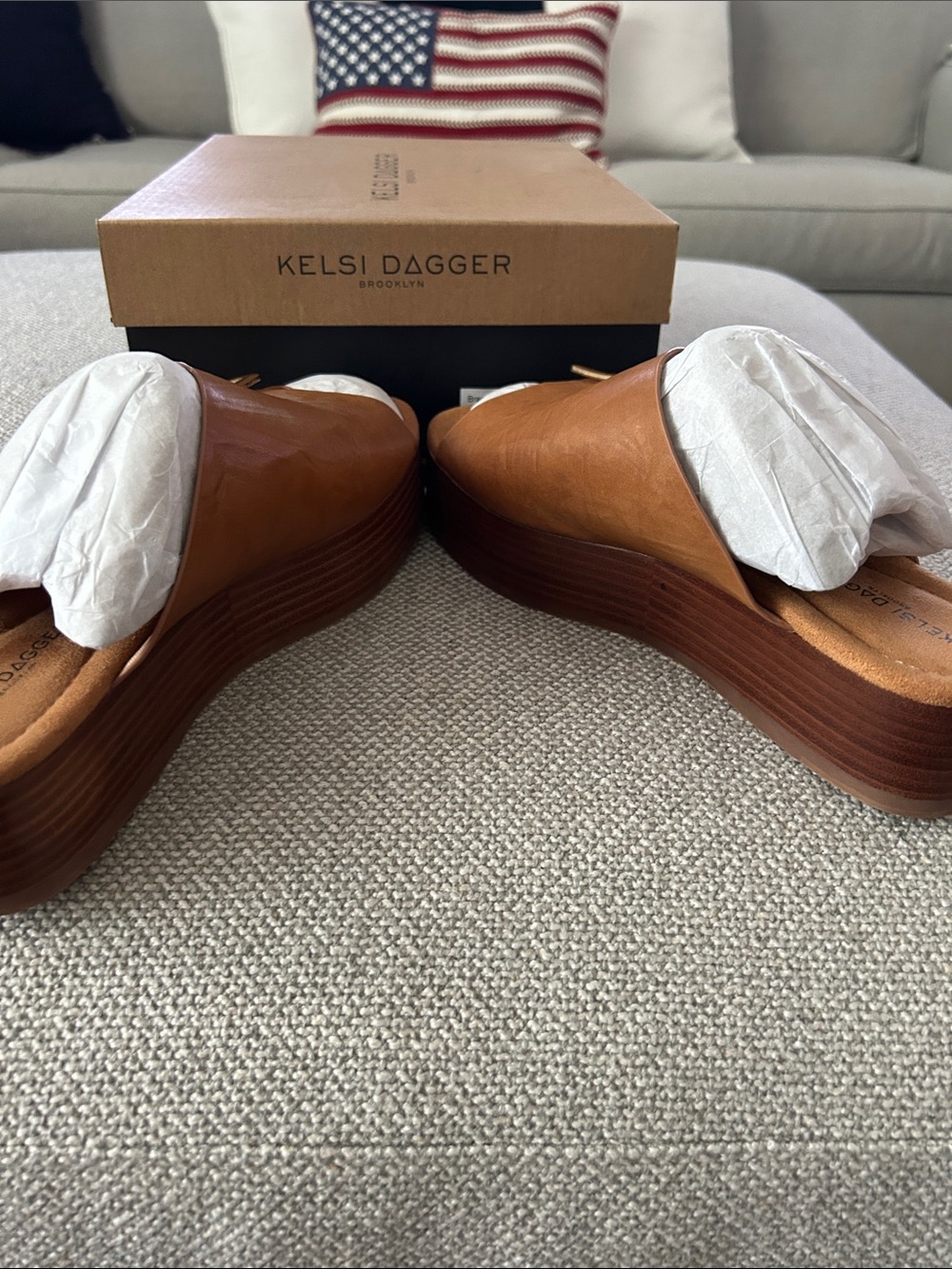 Kelsi Dagger Cognac Leather Platform Slide Mules with Gold Buckle - Picture 2 of 4